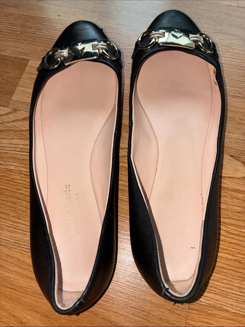 kate spade Black Leather Flats with Gold-Tone Horsebit